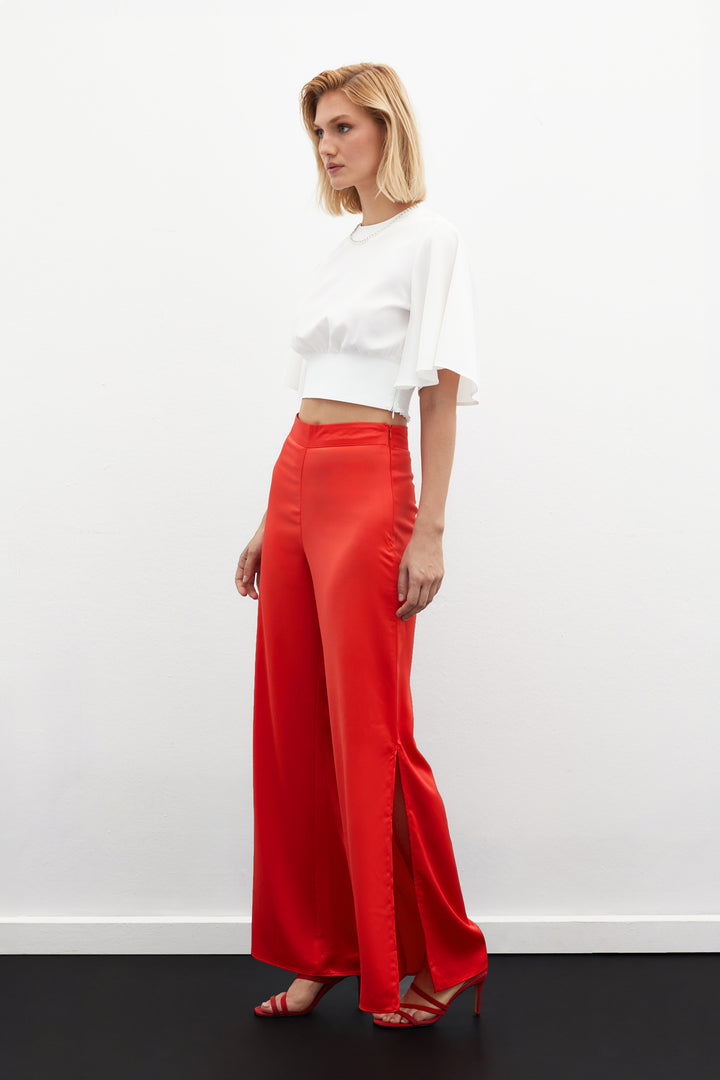 Sateen Pantalon en Satin avec Détail d'Ouverture - Corail