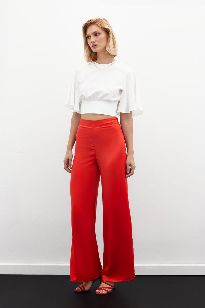 Sateen Pantalon en Satin avec Détail d'Ouverture - Corail