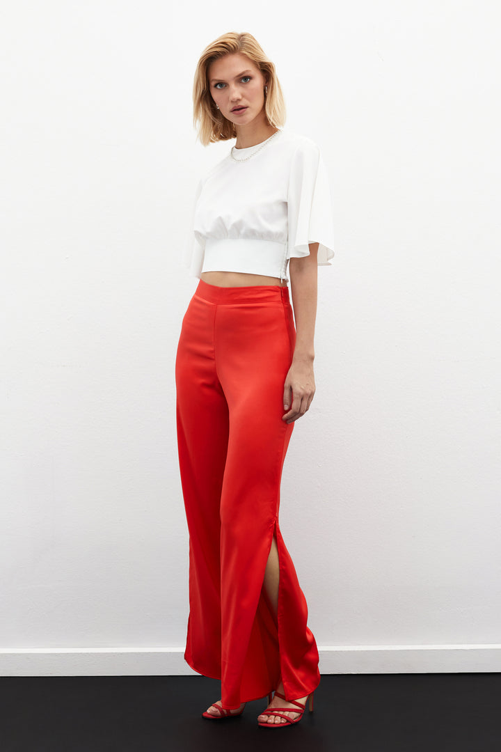 Sateen Pantalon en Satin avec Détail d'Ouverture - Corail
