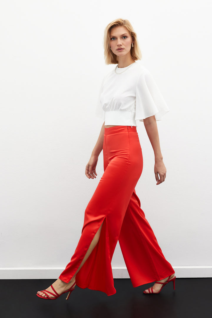 Sateen Pantalon en Satin avec Détail d'Ouverture - Corail