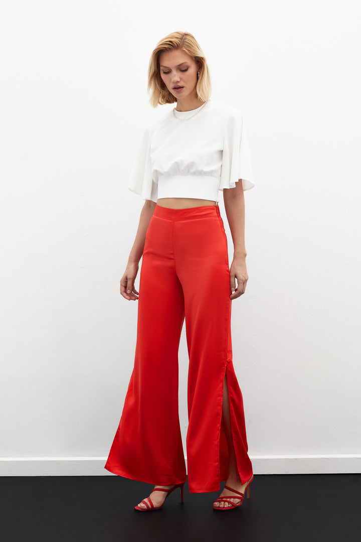 Sateen Pantalon en Satin avec Détail d'Ouverture - Corail
