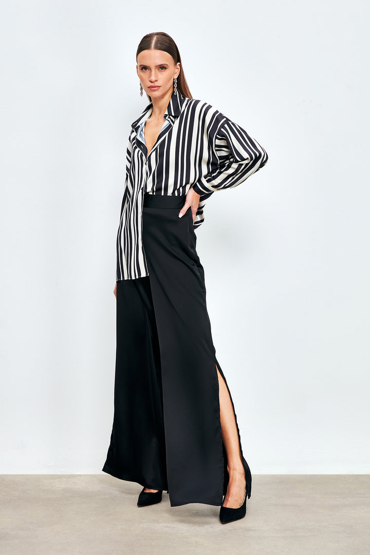 Sateen Pantalon en Satin avec Détails de Fente - Noir