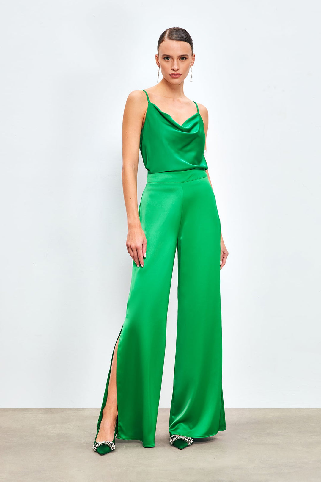 Sateen Pantalon en Satin avec Détail d'Ouverture - Vert