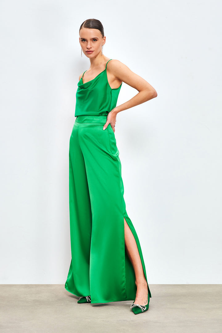 Sateen Pantalon en Satin avec Détail d'Ouverture - Vert