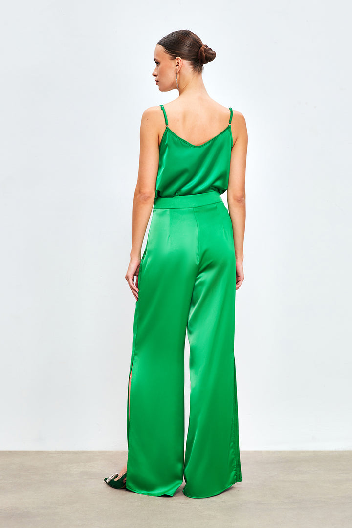 Sateen Pantalon en Satin avec Détail d'Ouverture - Vert