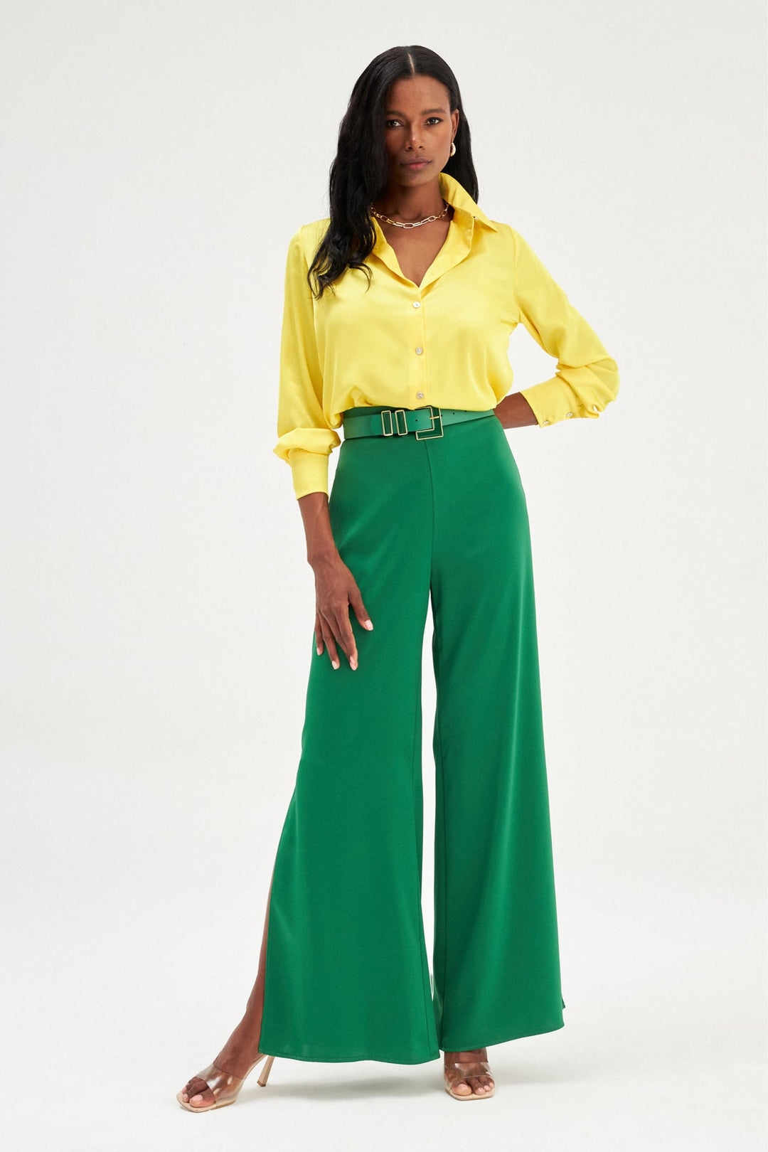Sateen Pantalon en satin avec détail d'ouverture - Émeraude