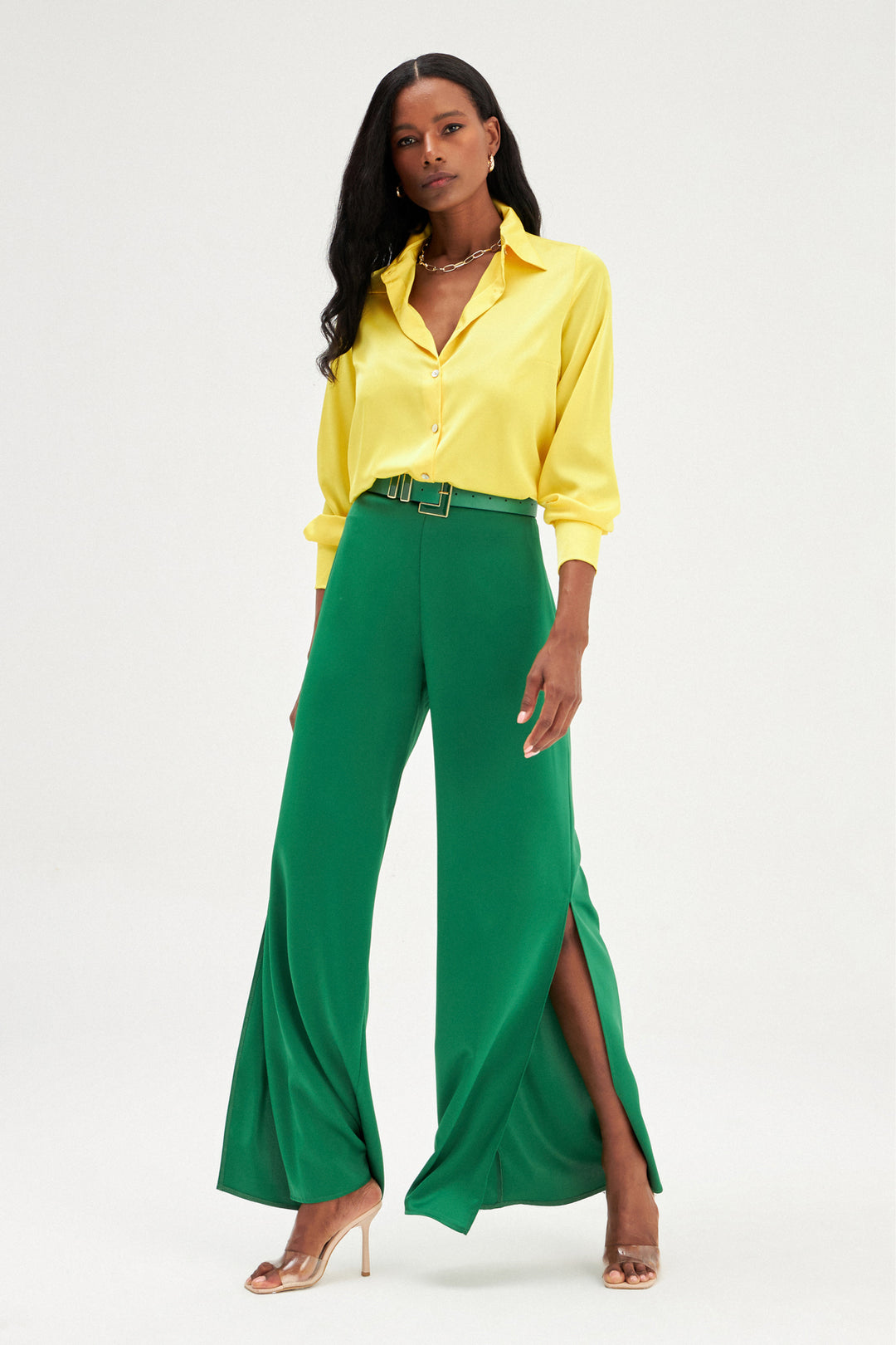 Sateen Pantalon en satin avec détail d'ouverture - Émeraude