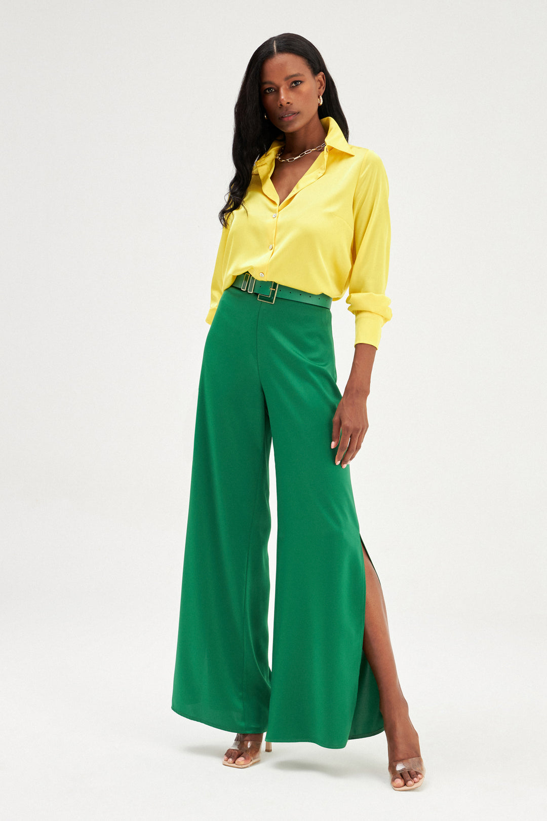 Sateen Pantalon en satin avec détail d'ouverture - Émeraude