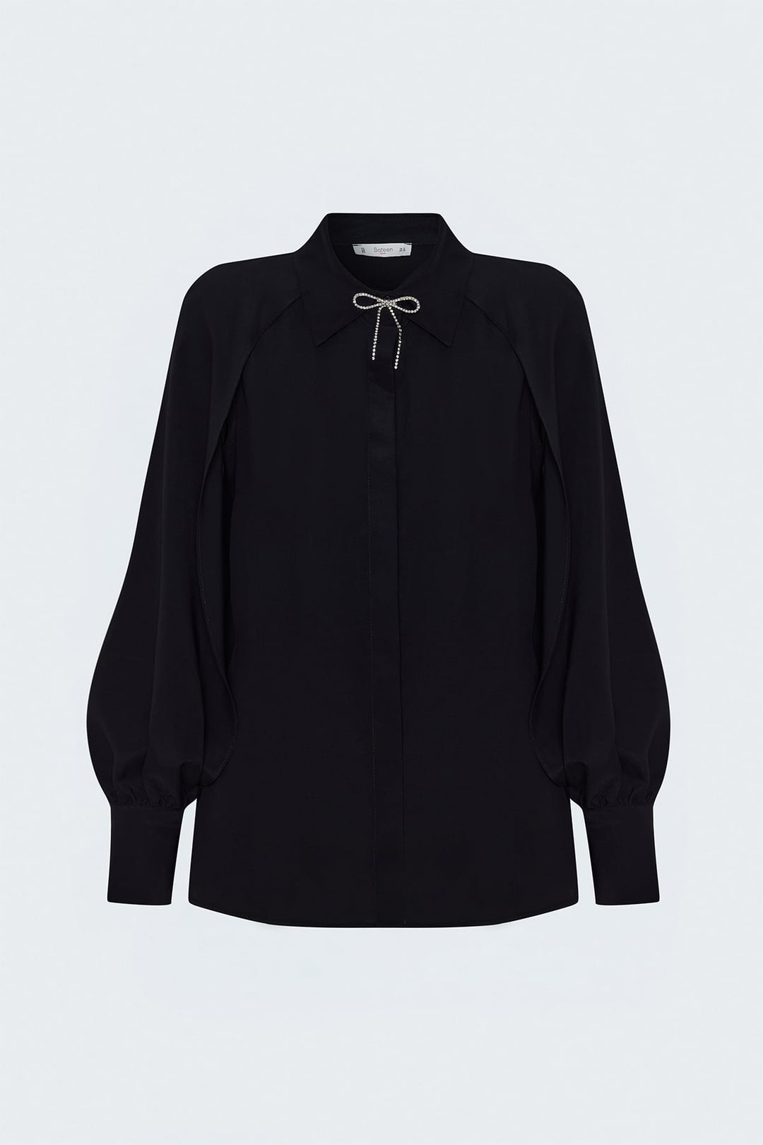 Sateen Chemise à Détails d'Accessoires à Manches Fendues - Noir