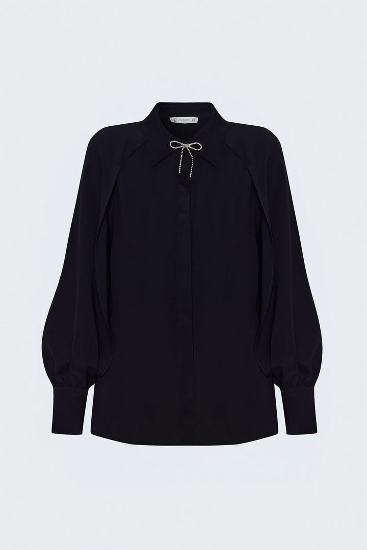 Sateen Chemise à Détails d'Accessoires à Manches Fendues - Noir