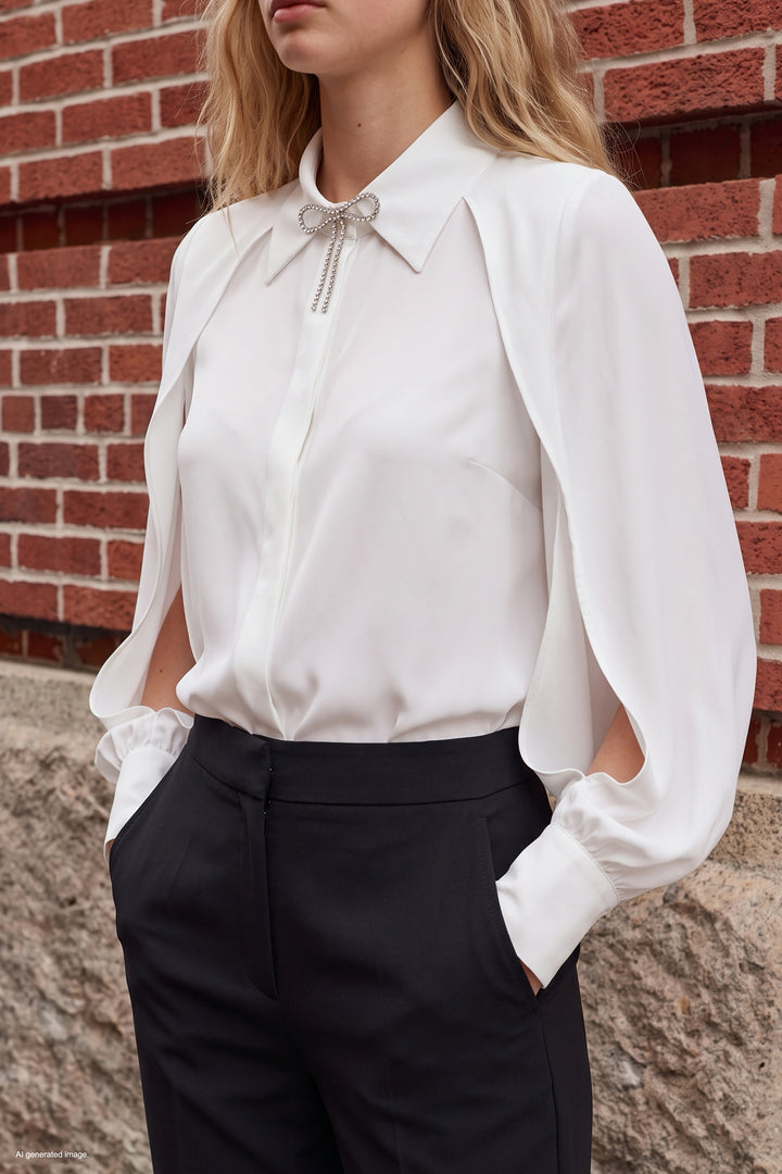 Sateen Chemise Détail Acessoire à Manches Fendues - Écru