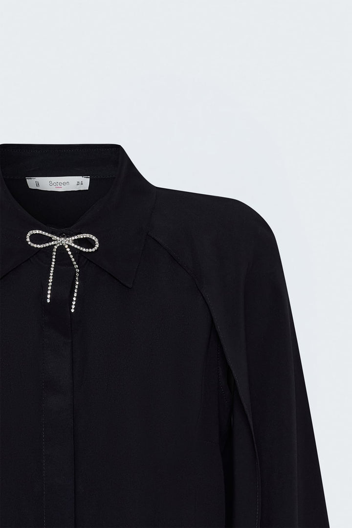 Sateen Chemise à Détails d'Accessoires à Manches Fendues - Noir