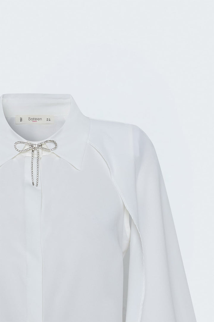 Sateen Chemise Détail Acessoire à Manches Fendues - Écru