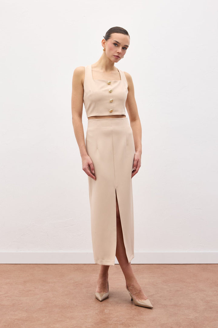 Sateen Jupe Midi Fendue - Beige