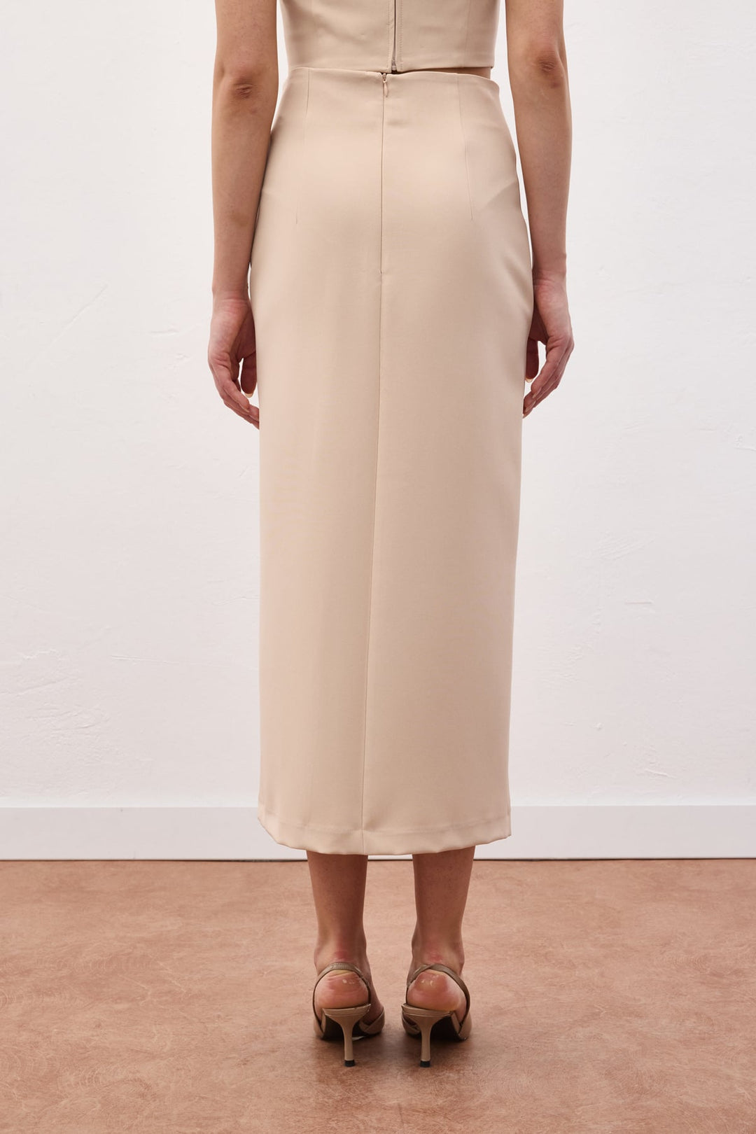 Sateen Jupe Midi Fendue - Beige