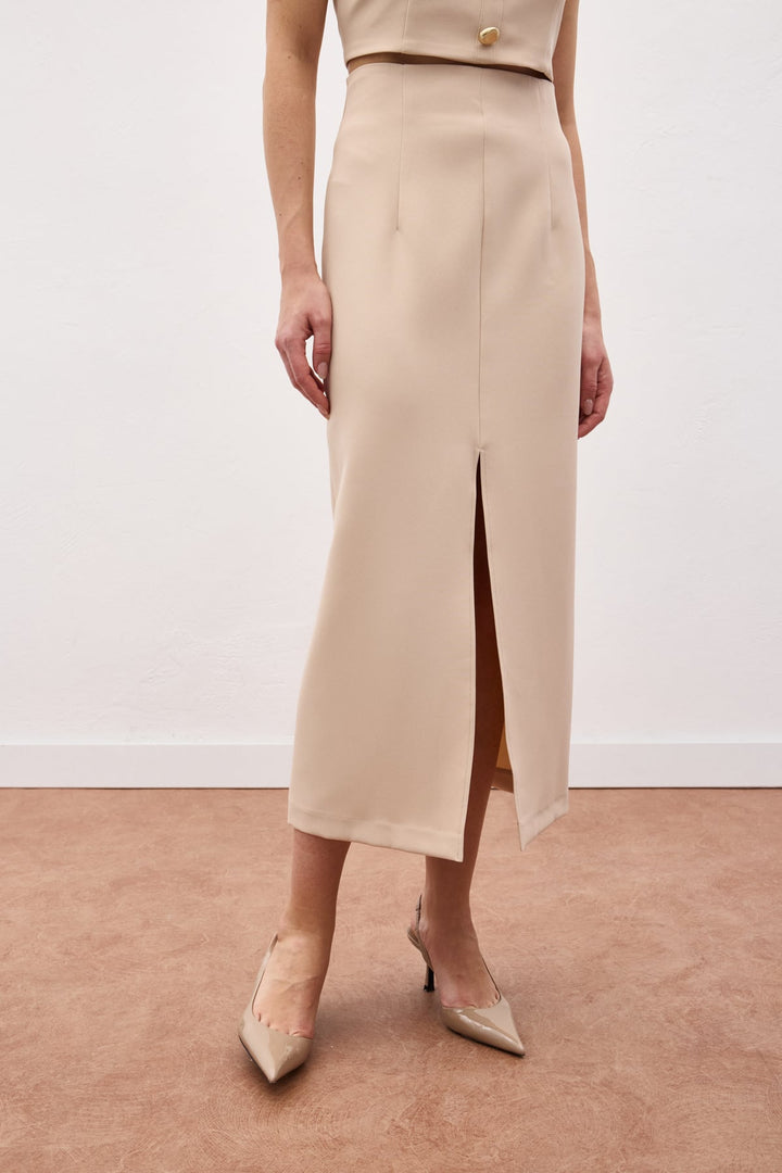 Sateen Jupe Midi Fendue - Beige
