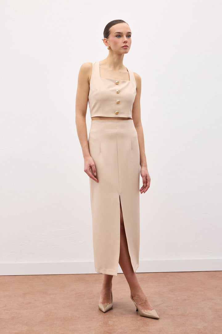Sateen Jupe Midi Fendue - Beige