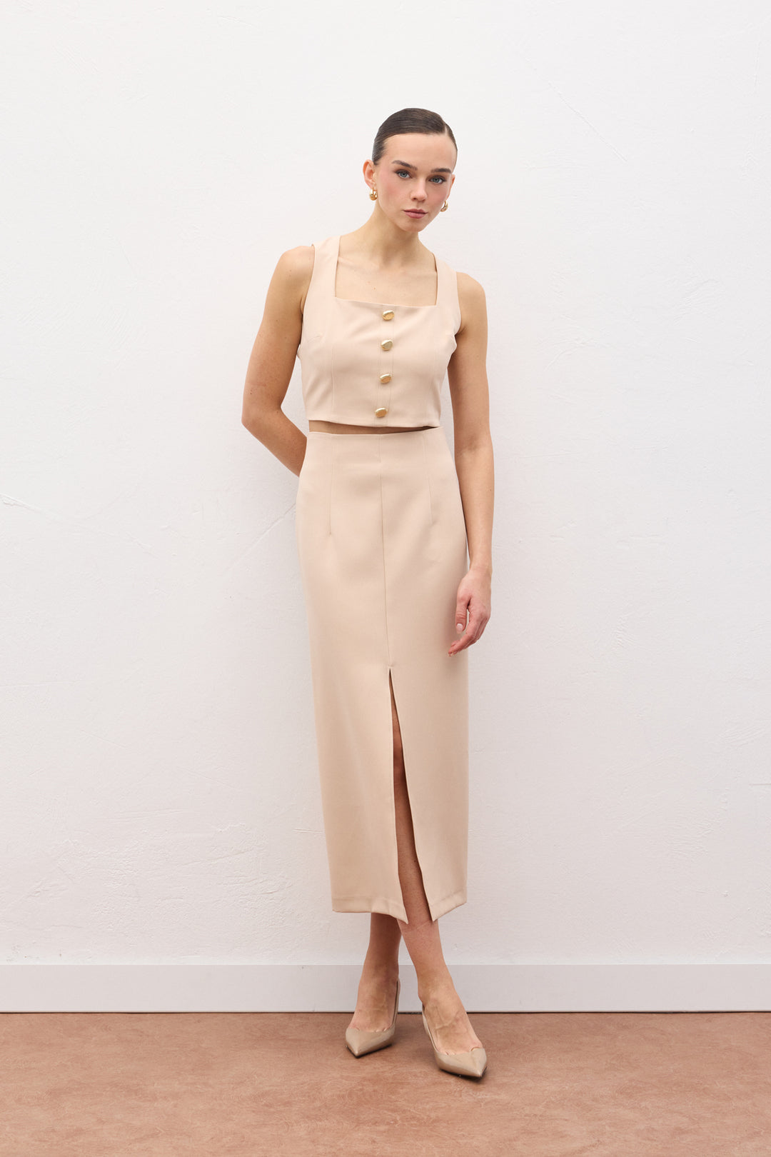Sateen Jupe Midi Fendue - Beige