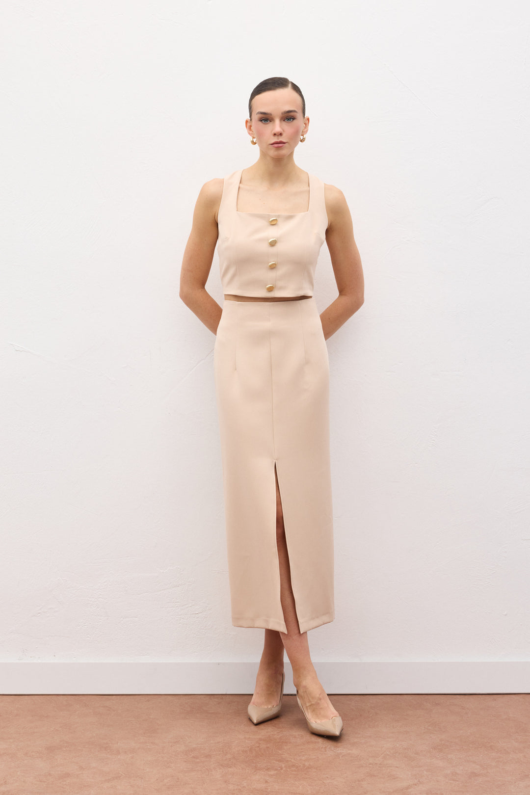 Sateen Jupe Midi Fendue - Beige