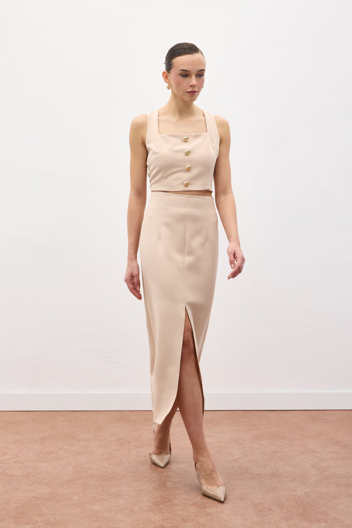 Sateen Jupe Midi Fendue - Beige