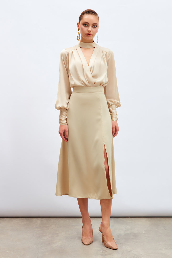 Sateen Jupe en satin fendue - Beige