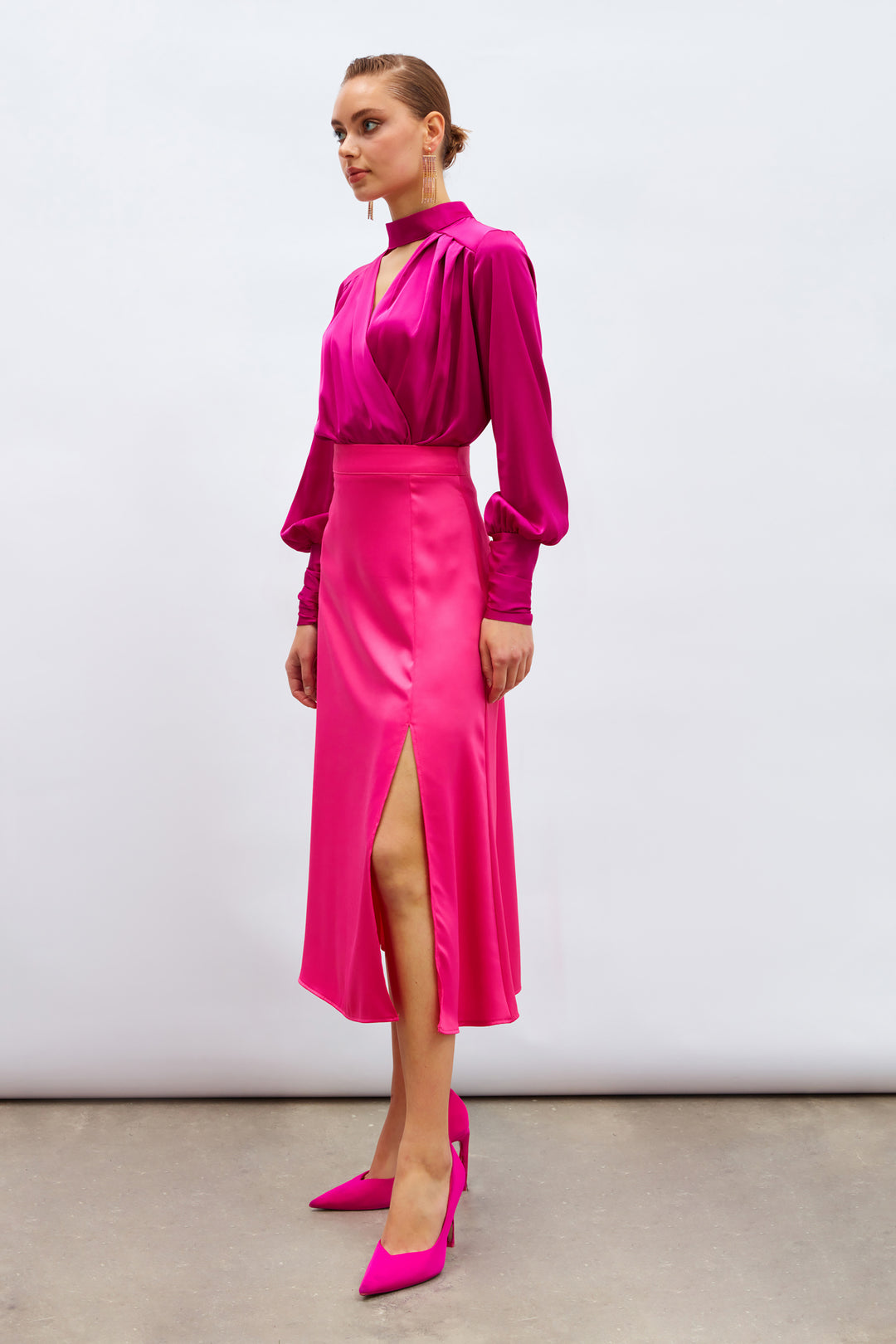 Sateen Jupe en satin fendue - Fuchsia
