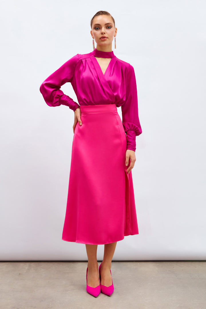 Sateen Jupe en satin fendue - Fuchsia