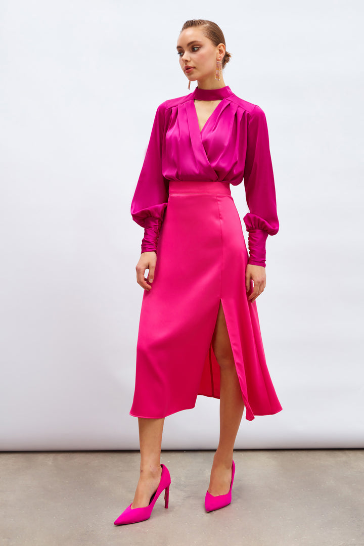 Sateen Jupe en satin fendue - Fuchsia