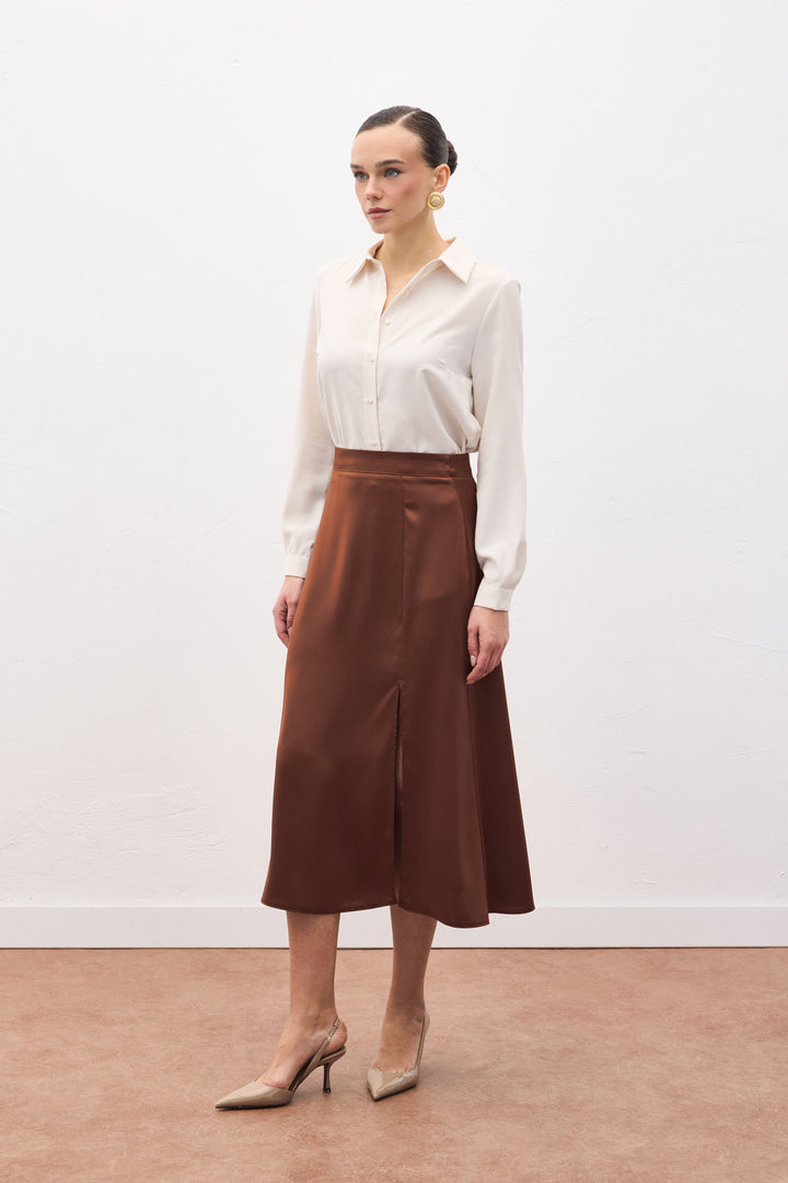Sateen Jupe en satin fendue - Marron