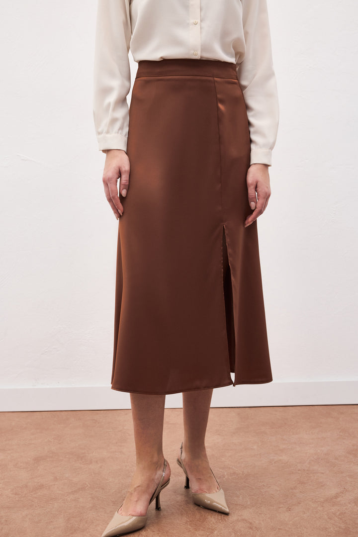 Sateen Jupe en satin fendue - Marron