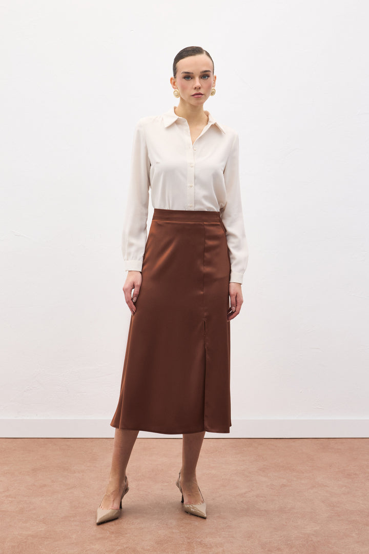 Sateen Jupe en satin fendue - Marron