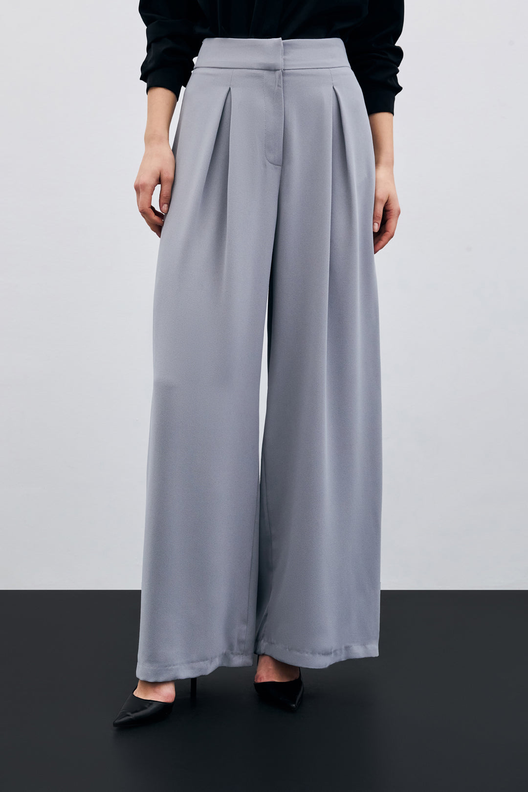 Sateen Pantalon Large Taille Haute - Gris
