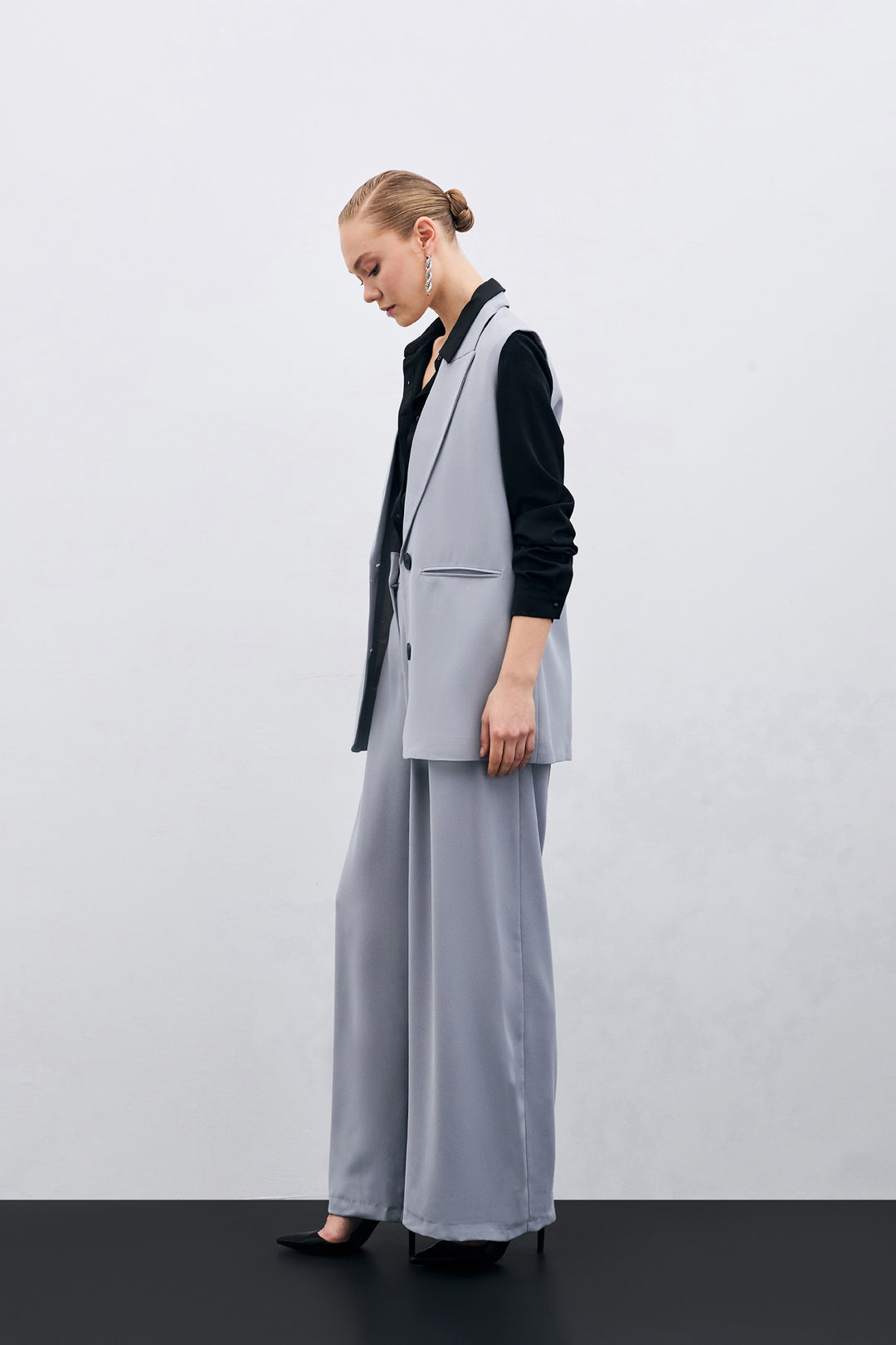 Sateen Pantalon Large Taille Haute - Gris