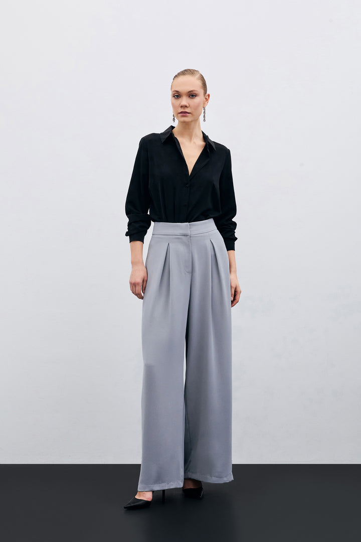 Sateen Pantalon Large Taille Haute - Gris