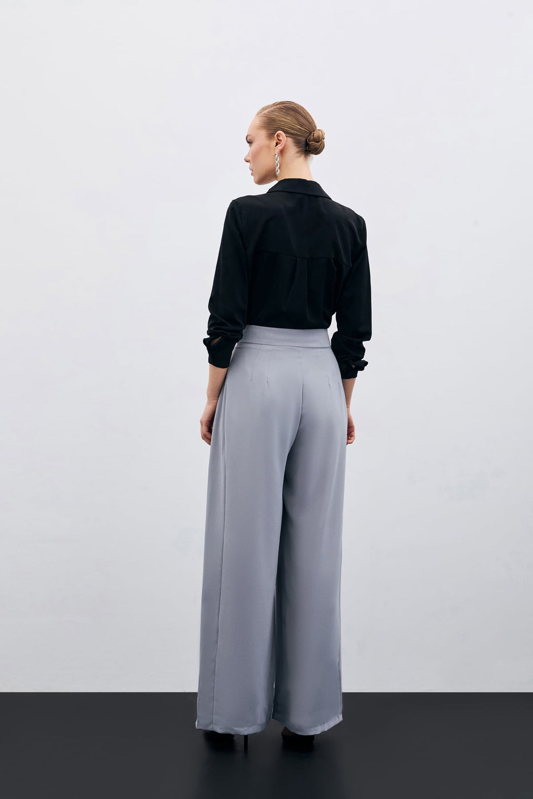 Sateen Pantalon Large Taille Haute - Gris