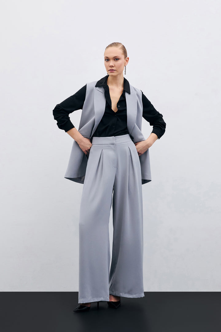 Sateen Pantalon Large Taille Haute - Gris