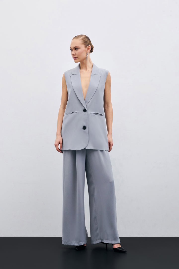 Sateen Pantalon Large Taille Haute - Gris