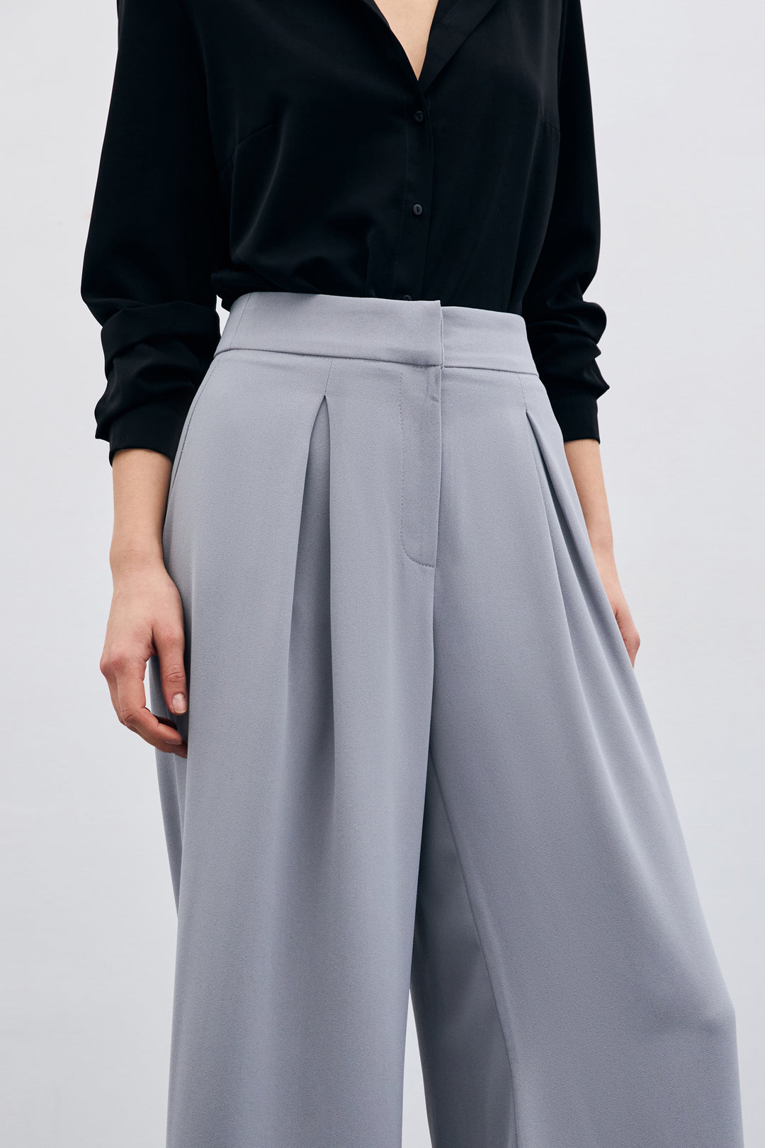 Sateen Pantalon Large Taille Haute - Gris