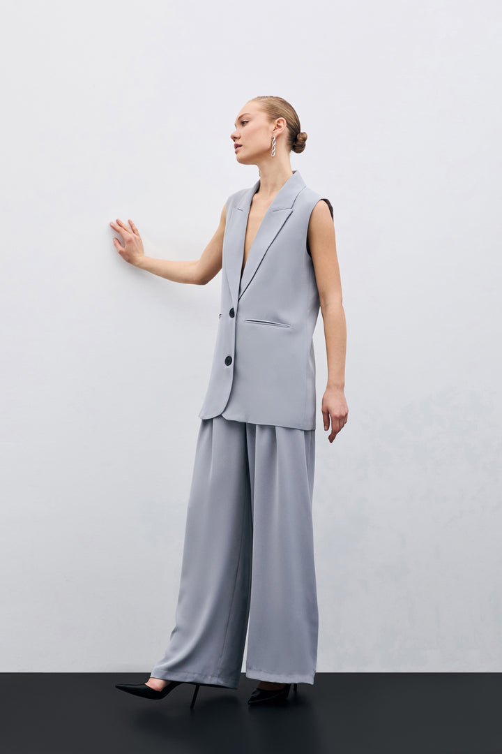 Sateen Pantalon Large Taille Haute - Gris