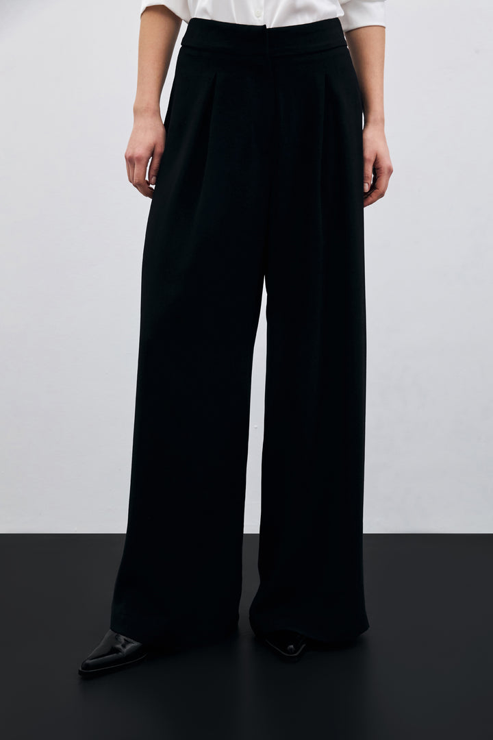 Sateen Pantalon large taille haute - Noir