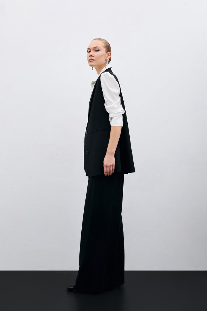 Sateen Pantalon large taille haute - Noir