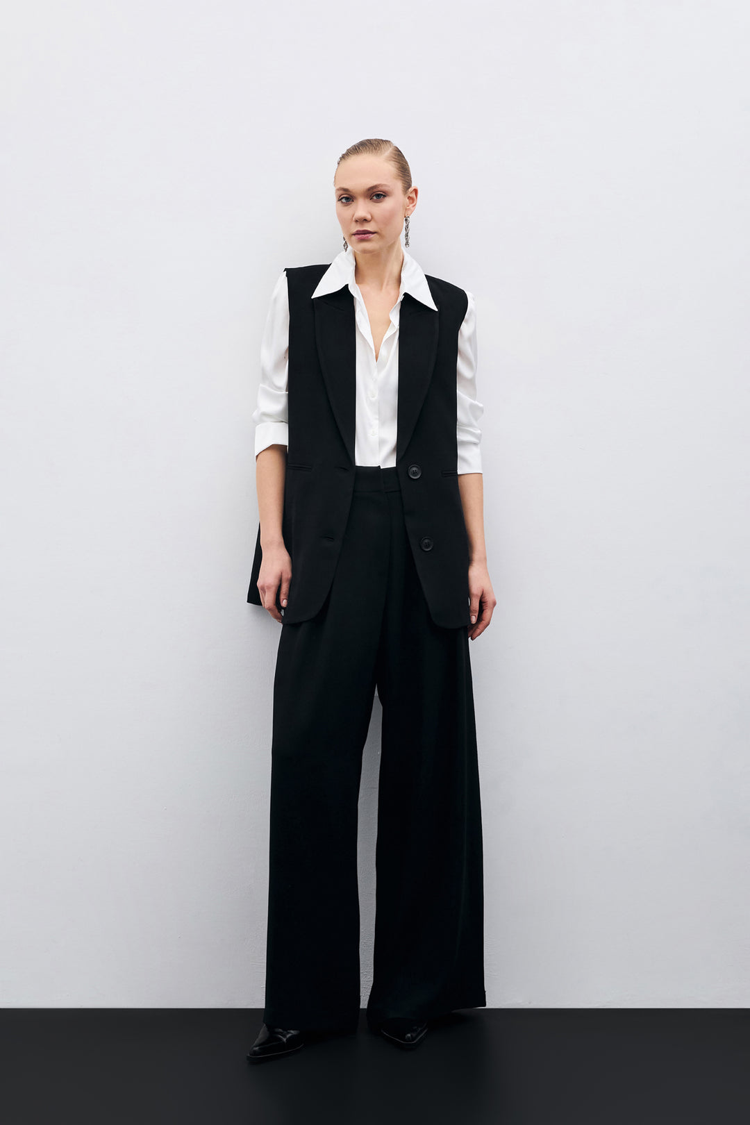 Sateen Pantalon large taille haute - Noir