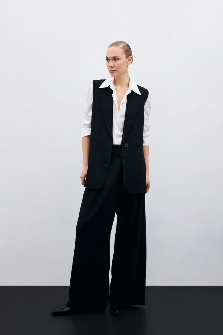 Sateen Pantalon large taille haute - Noir