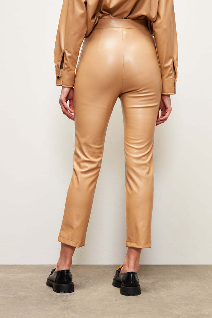 Sateen Pantalon en cuir taille haute - Beige