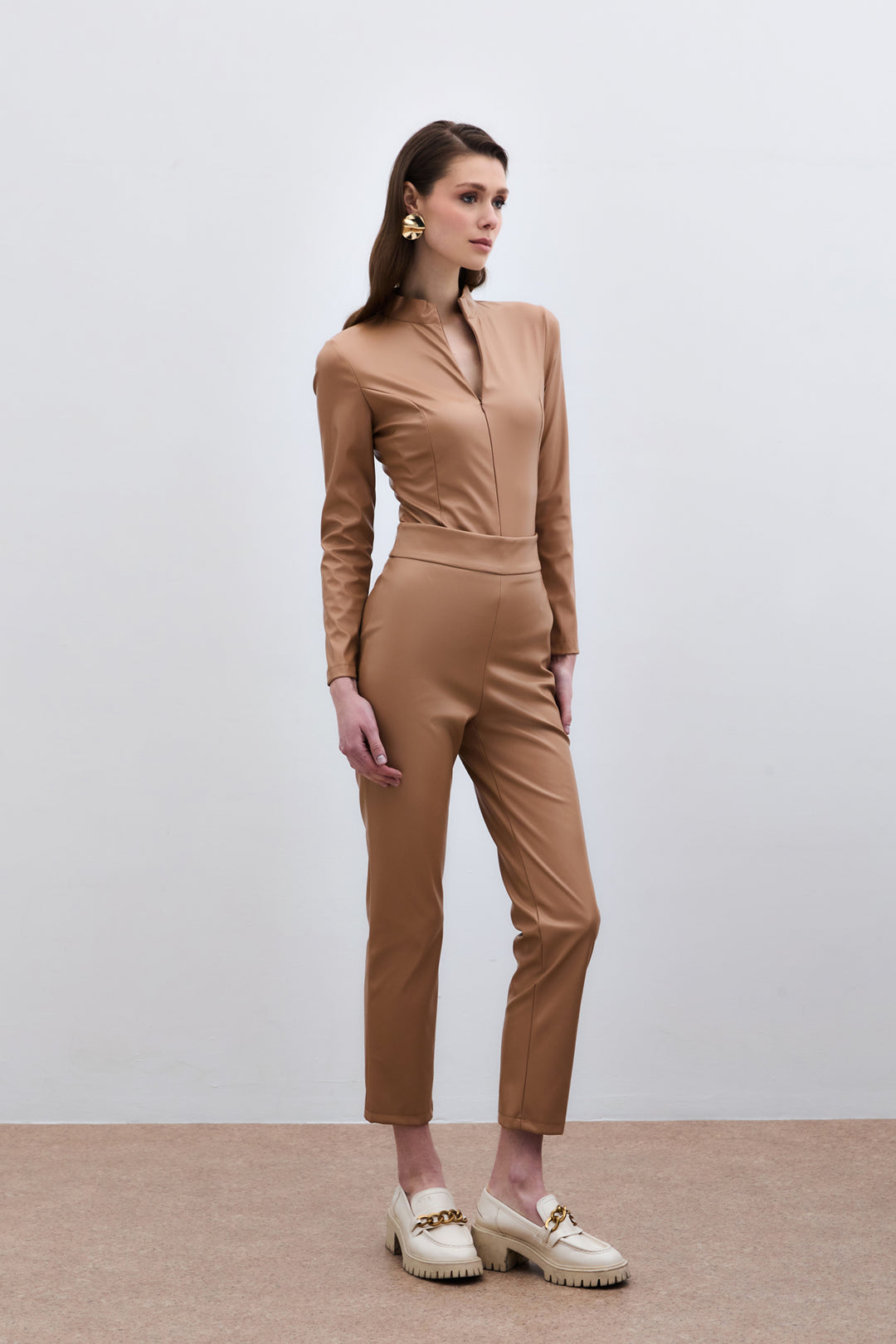 Sateen Pantalon en Cuir Taille Haute - camel