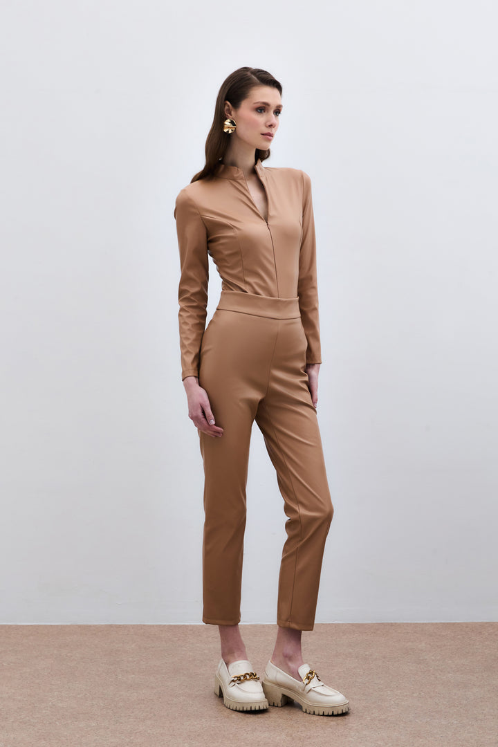 Sateen Pantalon en Cuir Taille Haute - camel