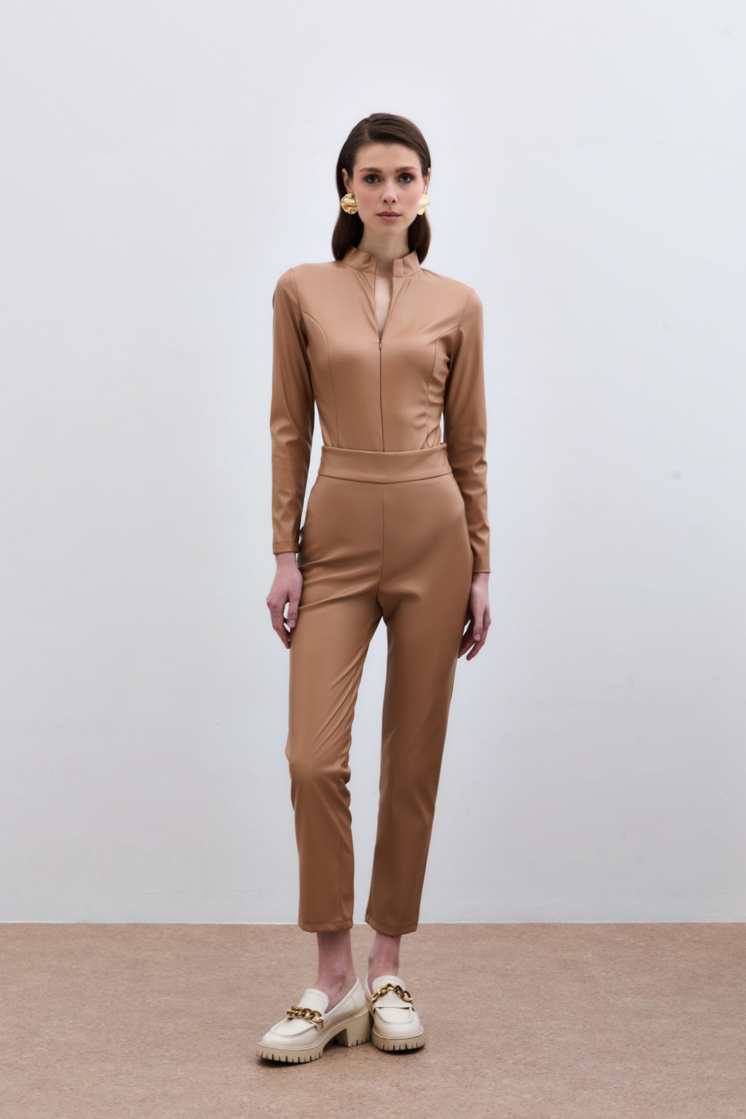 Sateen Pantalon en Cuir Taille Haute - camel