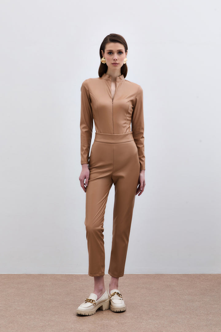 Sateen Pantalon en Cuir Taille Haute - camel