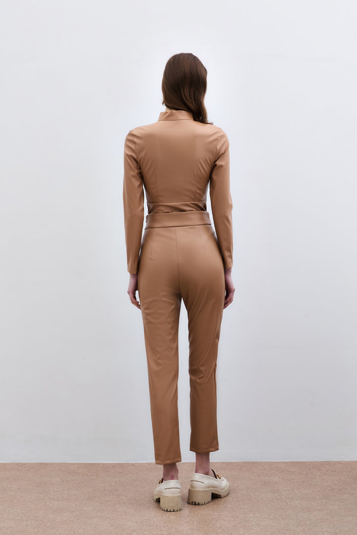 Sateen Pantalon en Cuir Taille Haute - camel