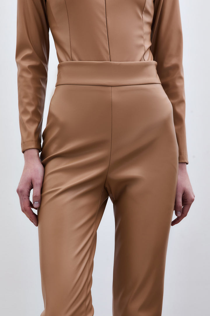 Sateen Pantalon en Cuir Taille Haute - camel